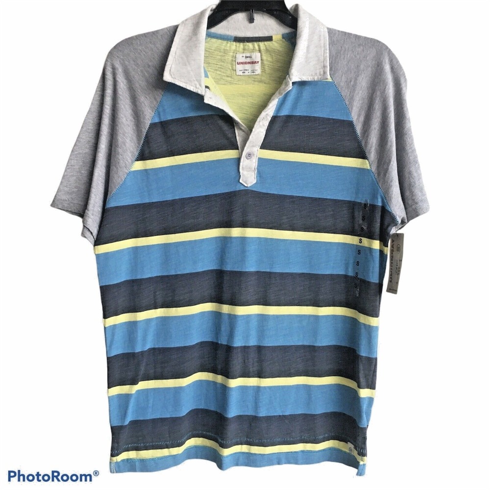 Unionbay  Striped Distressed T-Shirt Polo Blue Gray 100% Cotton NWT Men's Small